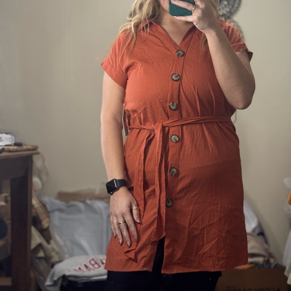 Rust Orange Button-Up Dress with Cap Sleeves